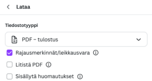 Kuvakaappaus Canva-ohjelman Lataa-valikosta. Kuvassa näkyy tiedostotyyppinä "PDF - tulostus" ja valittuna ruutu "Rajausmerkinnät/leikkausvara". Valitsematta on jätetty kohdat "Litistä PDF" ja "Sisällytä huomautukset."