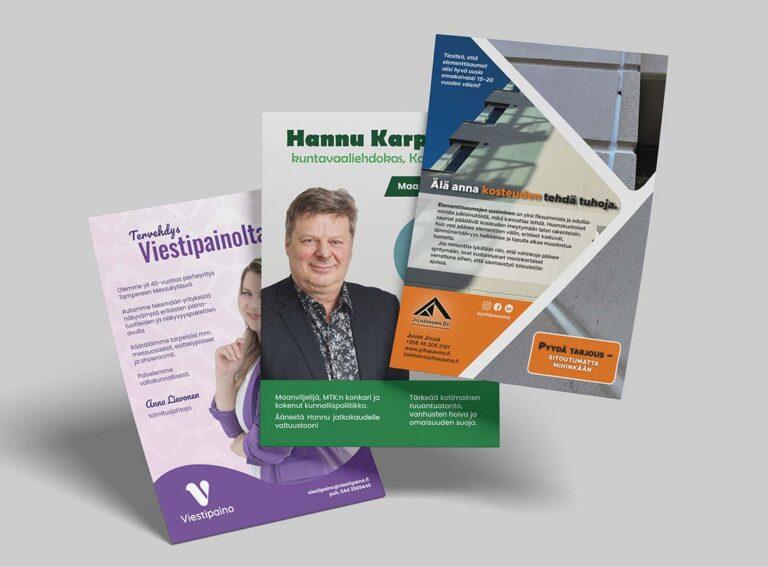 Lukuisia esitteitä eri asiakkaille