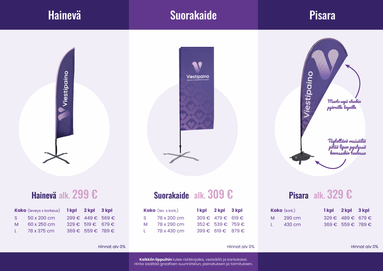 Rantaliput: Hainevä, Suorakaide ja Pisara. Pisara sopii erityisesti pyöreille logoille ja Hainevä erityisesti vaakasuuntaisille logoille. Hinnat ilmoitettu alv. 0%, sisältäen graafisen suunnittelun ja toimituksen. Lipun kappalehinta laskee tilattaessa useampi kappale kerralla.